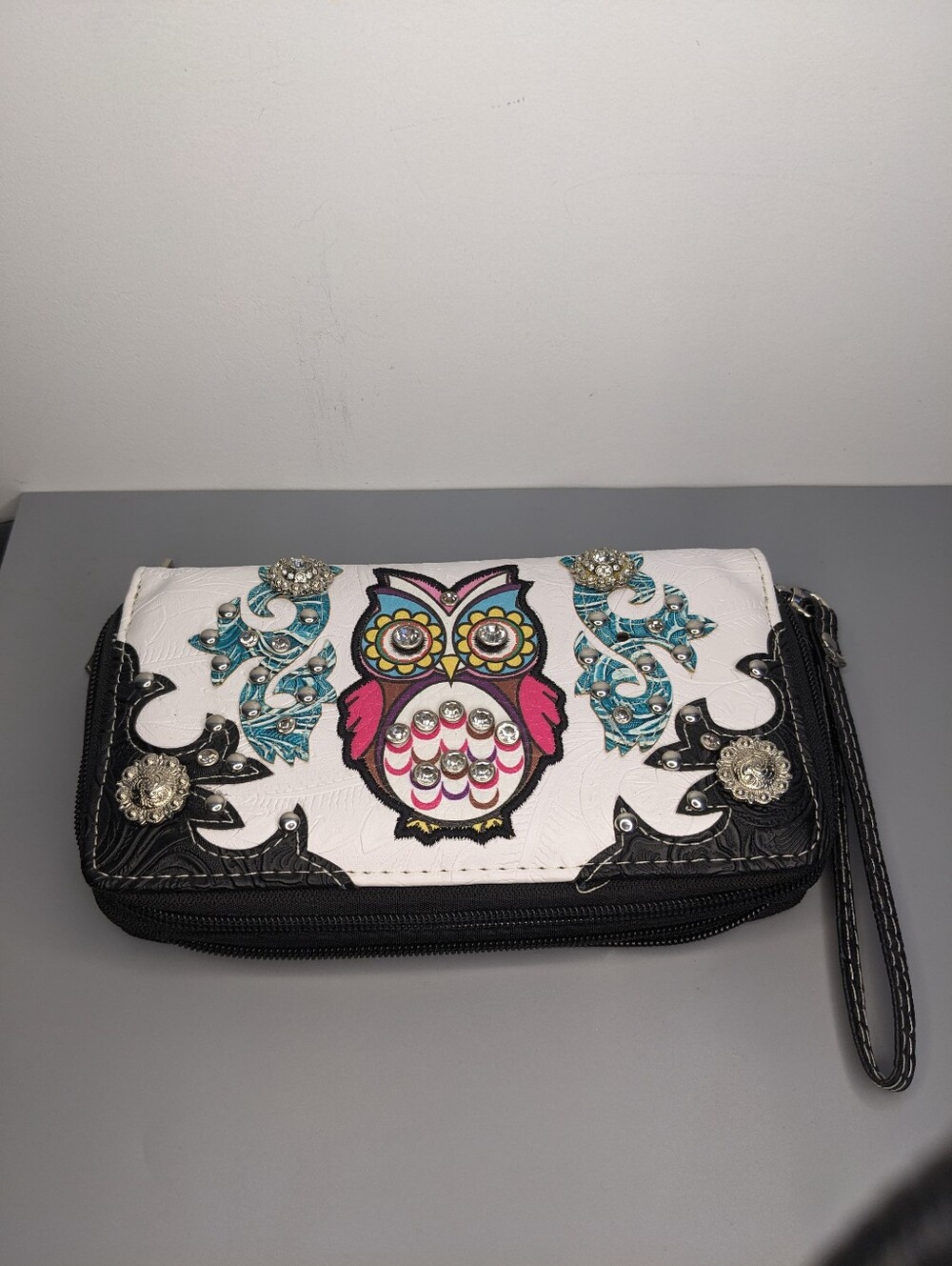 Large Owl Print Clutch Wallet Pink Blue Gold Design Wristlet Style Unbranded